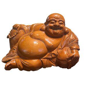 Vtg Large Hand Carved Buddha Wooden Happy Statue Sculpture